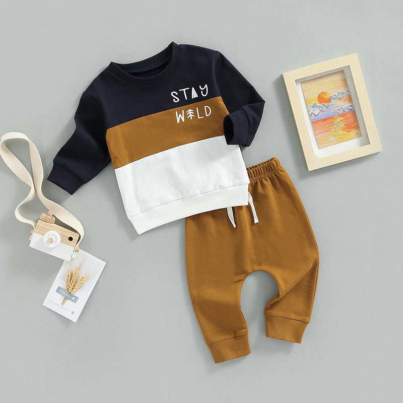 0-5Y Autumn Casual Kids Boys Clothes Set 2pcs Letter Print Colour Patchwork Long Sleeve Sweatshirt Top Pants