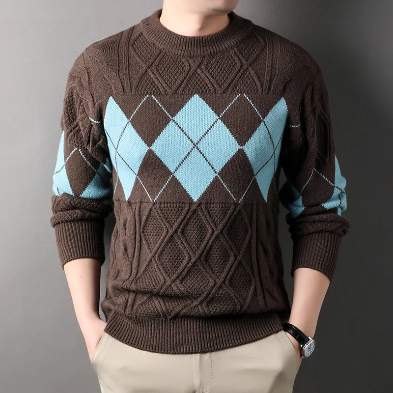 Men's Argyle Mock Neck Knitted Sweater - Warm Casual Pullover
