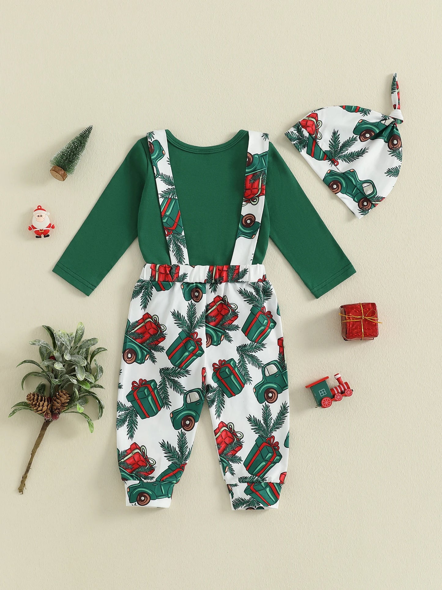 Christmas Baby Boys 3-Piece Outfit Set - Printed Romper, Overalls & Hat (0-18M)