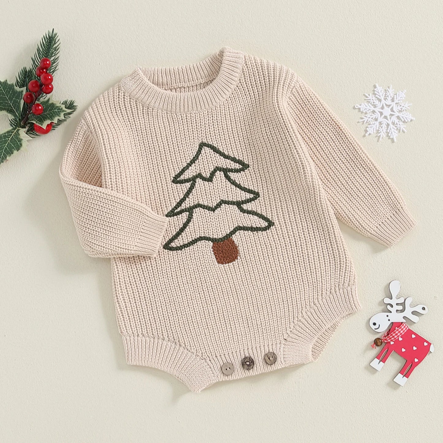 0-18M Baby Boys Girls Christmas Knit Romper Sweater Letter Embroidery Long Sleeve Crew Neck Bubble Jumpsuit