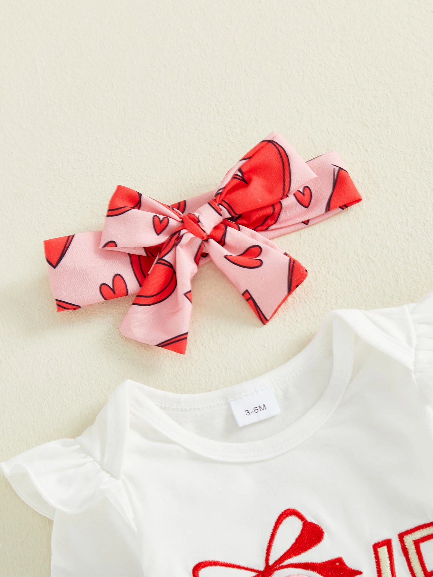 Baby Girls Valentine's Day Letter Embroidery Romper Heart Print Shorts and Hairband Set