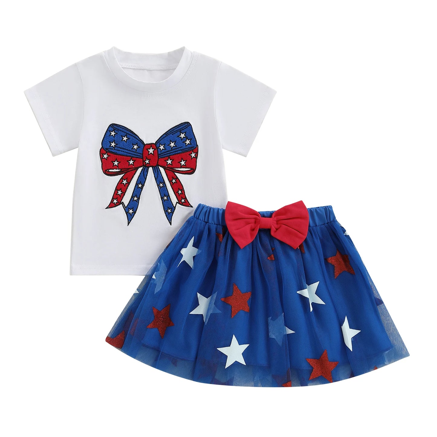 0-4Y Summer Kids Girls USA Clothes Set Short Sleeve Letter Bow Embroidery T Shirts Star Tulle Skirt