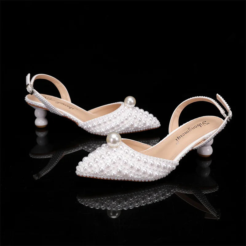 Women's 5cm Round Heel Shaped Heel Pearl Sandals