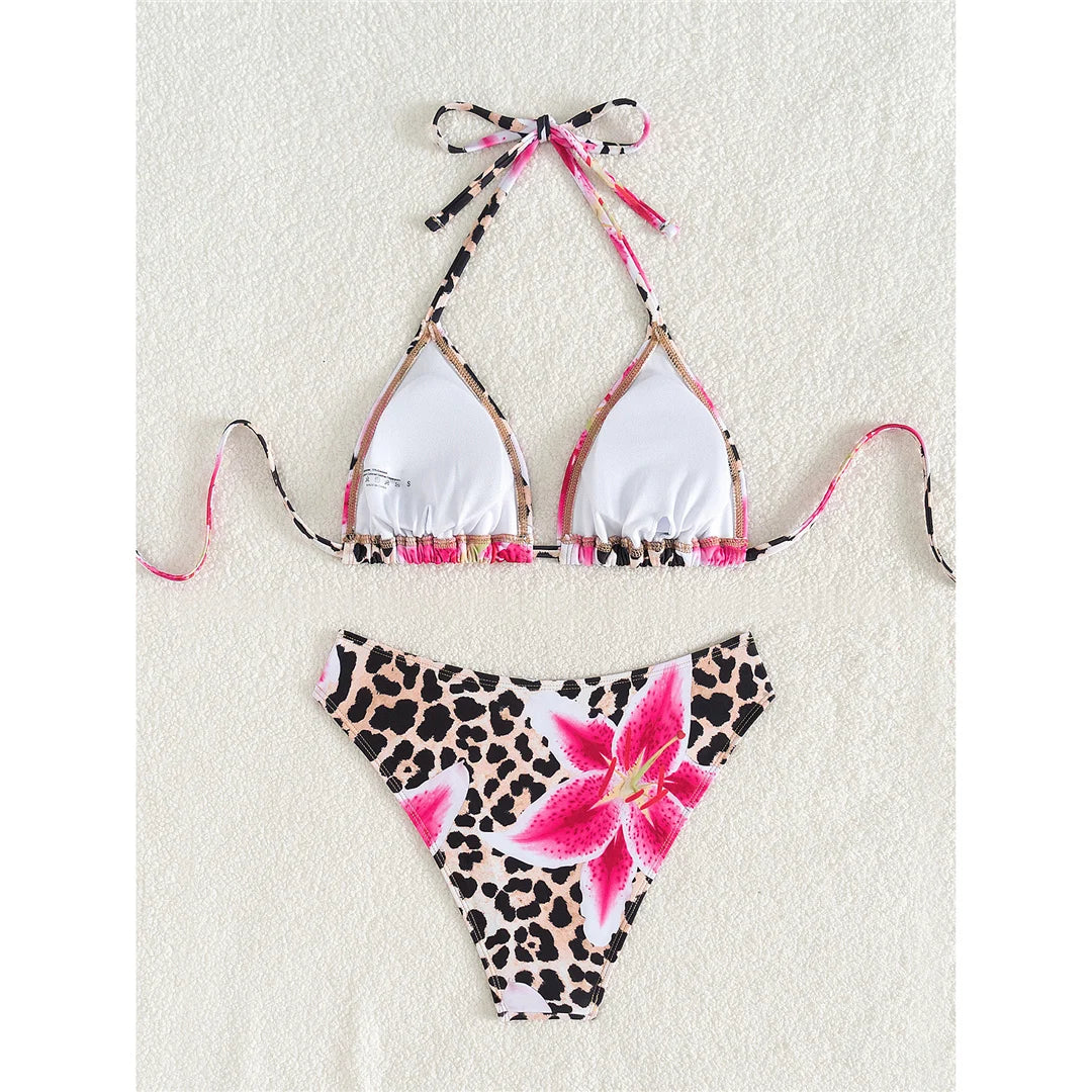 Floral Leopard Halter Bikini Set