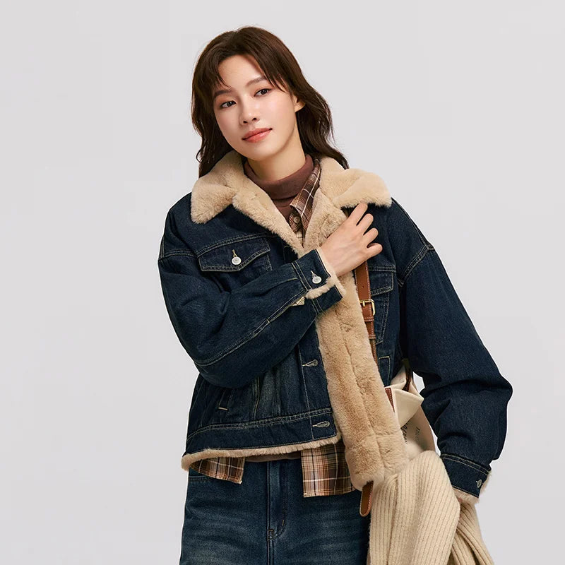 Denim Jacket Women Patchwork Imitation Rabbit Fur Lapel Loose Winter Quilted Jacket