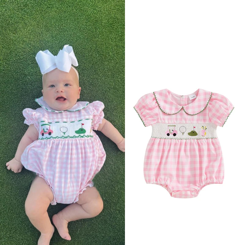 Baby Girls Summer Plaid Romper with Golf Embroidery - Doll Collar Jumpsuit (0-18M)