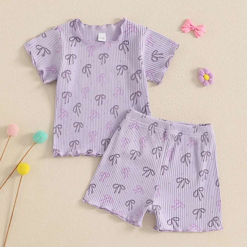 1-5Y Kids Girls Clothes Sets Bow Print Lettuce Trim Short Sleeve T-shirt Elastic Waist Shorts