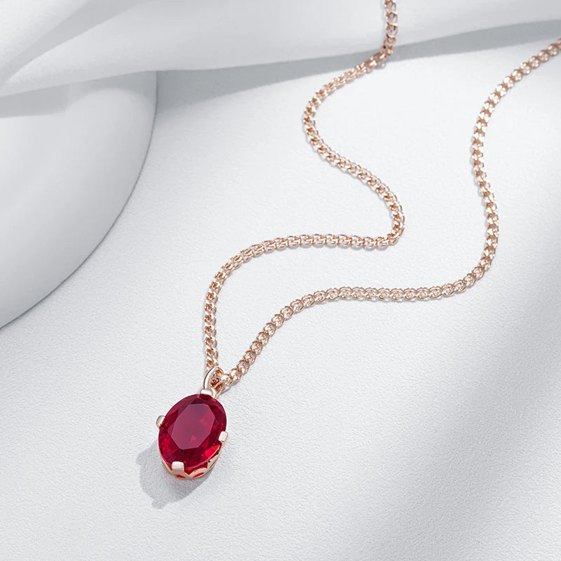 Women's 585 Rose Gold Colour  Oval Red Natural Zircon Pendant Necklace