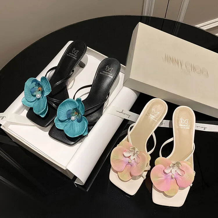 Women's 3D Flower Beach Slippers - Square Toe Heel Sandals