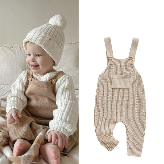 0-3Y  Baby Boys Girls Overalls Jumpsuits Sleeveless Front Pocket Solid Colour Knitted Romper Outfit