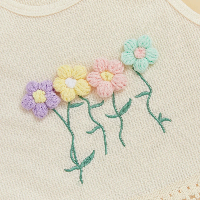 1-5Y Kids Girls Summer Clothes Sets Sleeveless Floral Embroidery Tasseled Tank Top and Elastic Denim Shorts