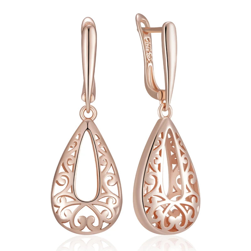 Glossy Rose Gold Dangle Earrings - Elegant Flower Design for Daily Wear