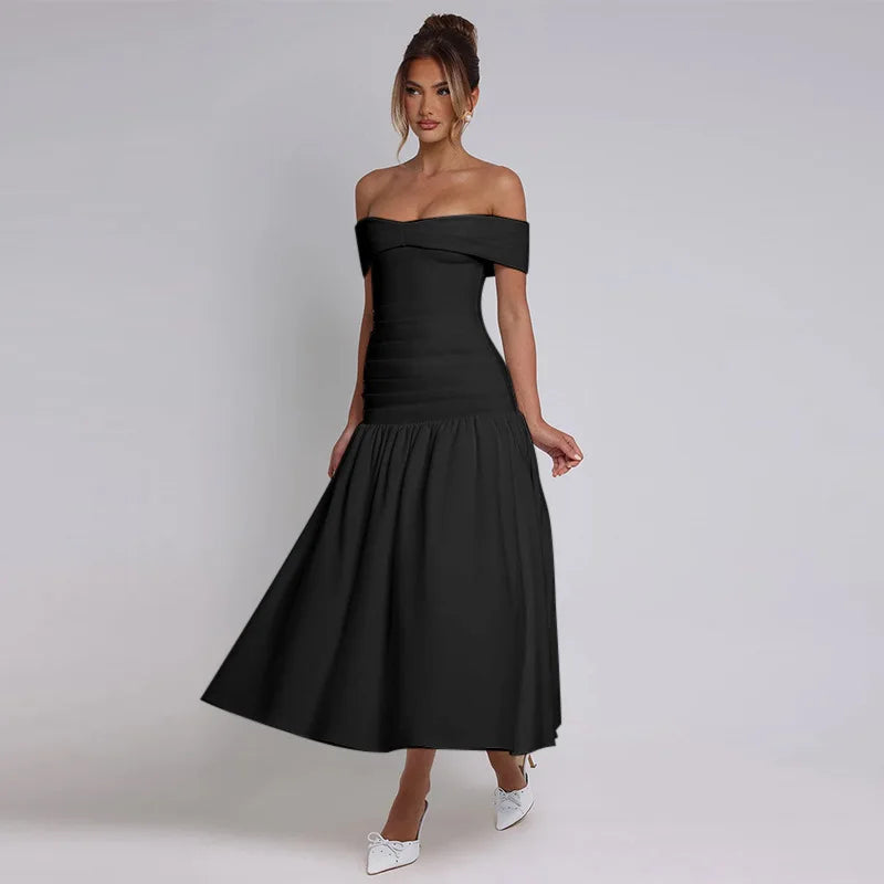 Women's  Ruched One-Shoulder Party Long  Sleeveless High Waist A-Line Dress