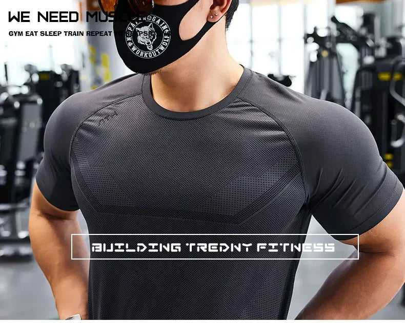 Men's Dry Fit Sport Short Sleeve Running Compression Sweatshirt Tight Sportswear Gym Fitness Elastic Shirts Top Rash Guard T-Shirt