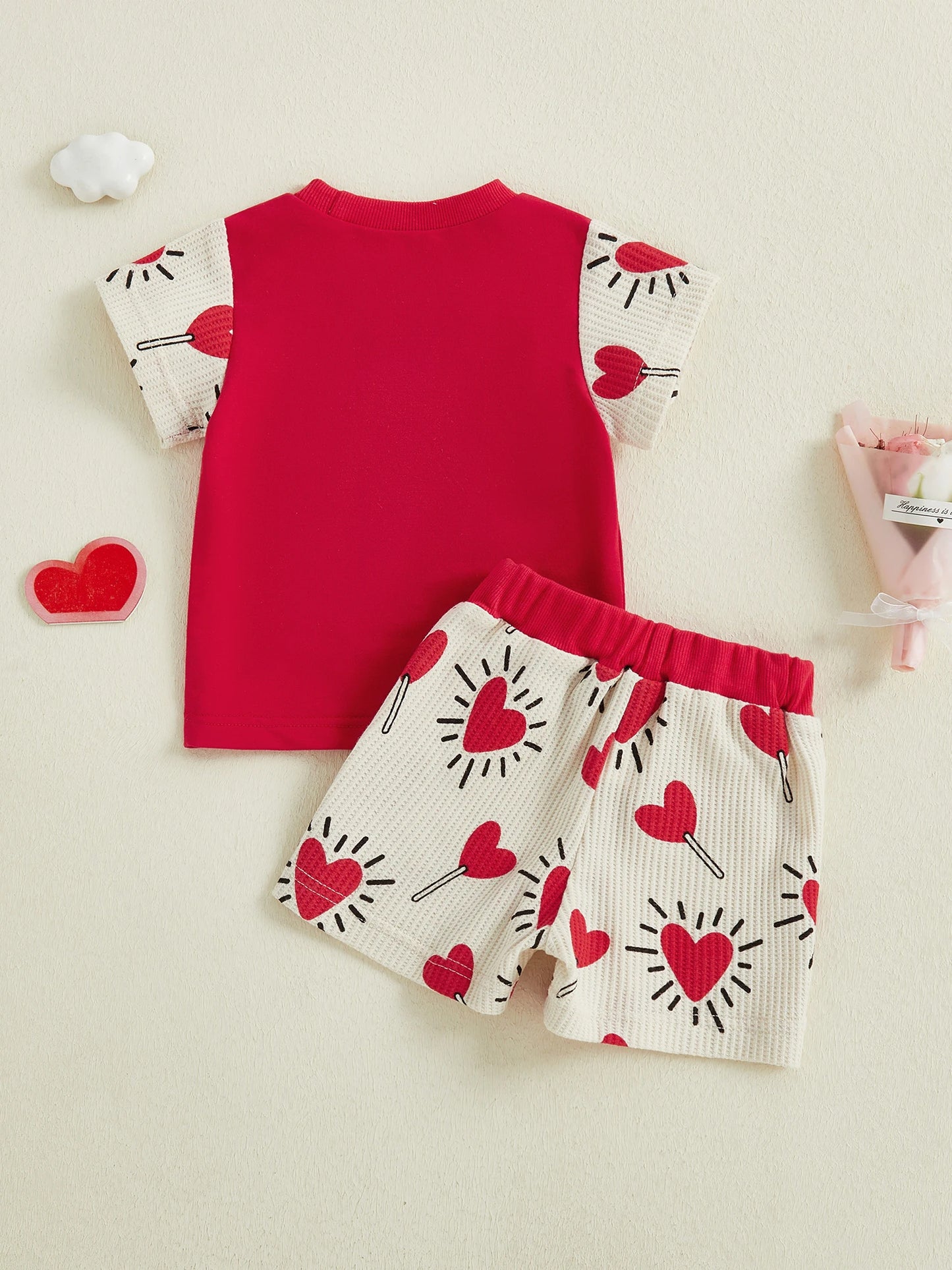 Toddler Boys Valentine's Day Outfit Set - Letter Embroidery T-Shirt & Candy Heart Shorts