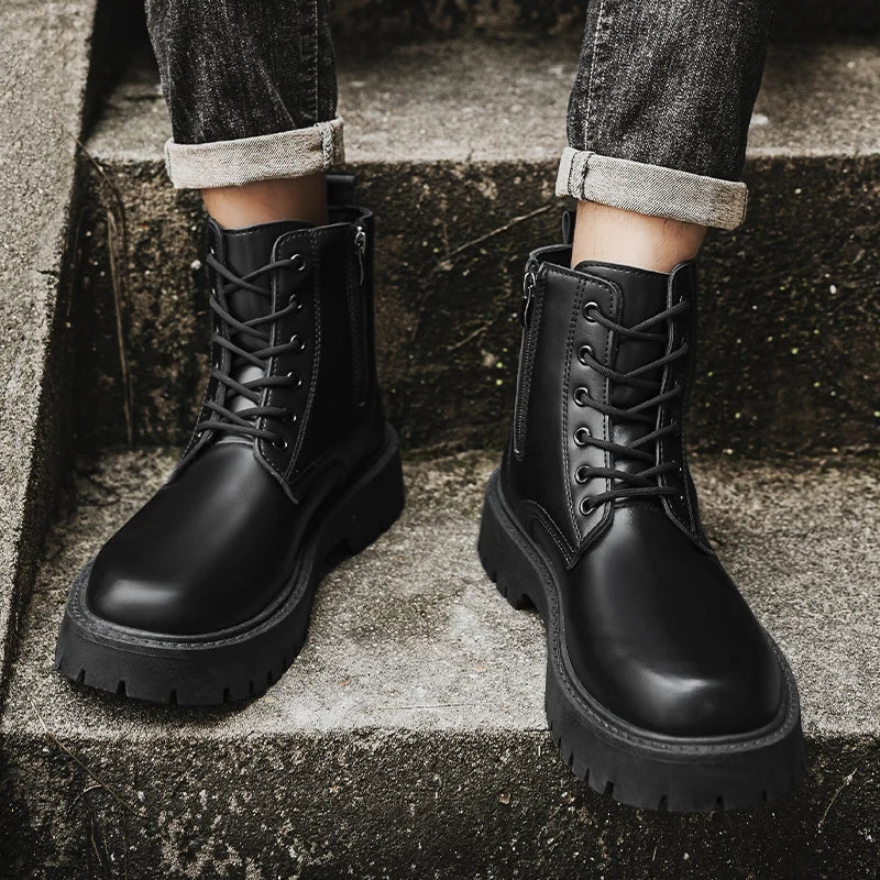 Men's Leather Platform Boots - Thick Sole Motorcycle Sneaker Boots