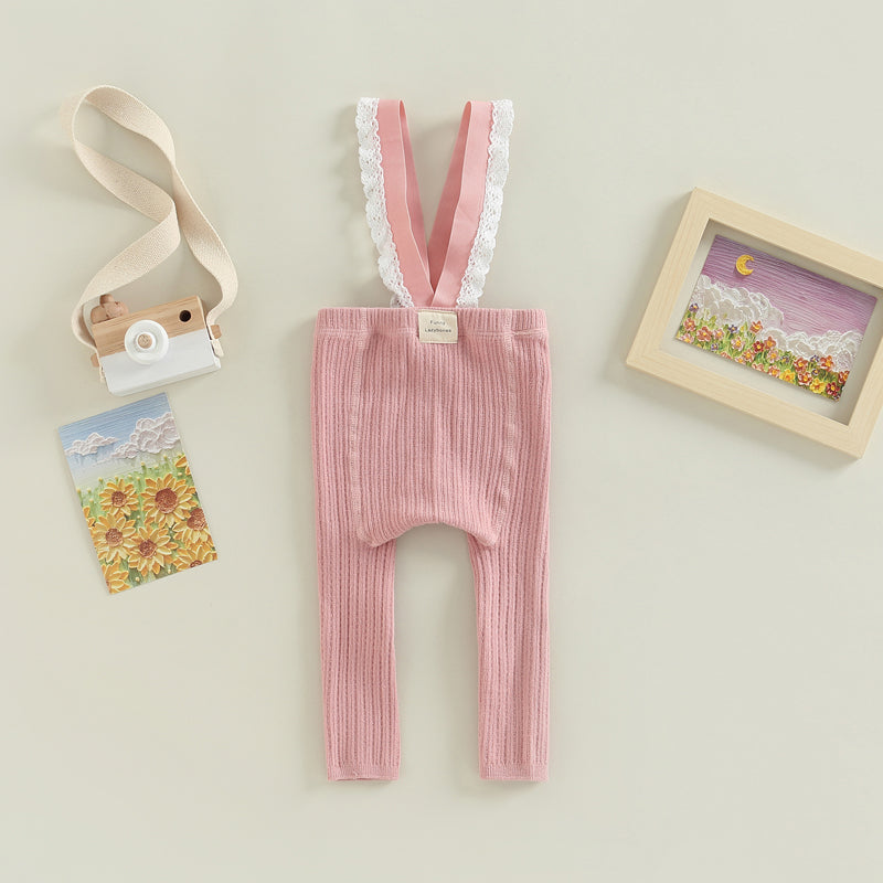 Baby Girls Suspender Sleeveless Lace Trim Ribbed Knit Overalls Leggings Tights 0-12M