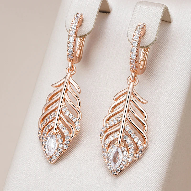 Women 585 Rose Gold Colour Crystal Leaf  Shiny Natural Zircon Vintage Drop Earrings