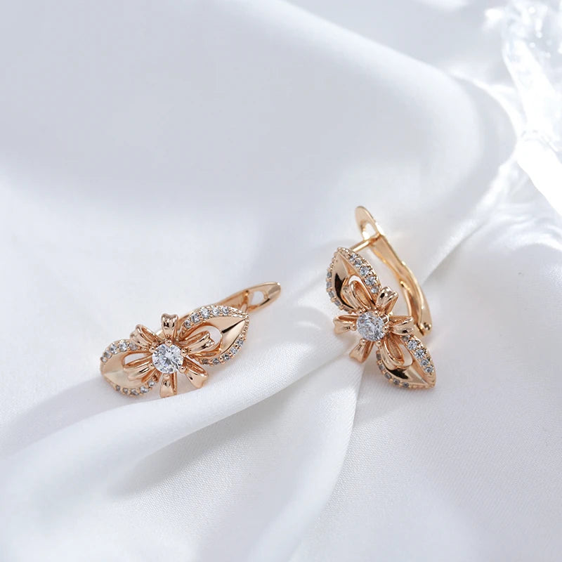 Women's Unique 585 Rose Gold Colour Long Flower Earring for Women Natural Zircon Accessories High Quality Daily Vintage Jewelry