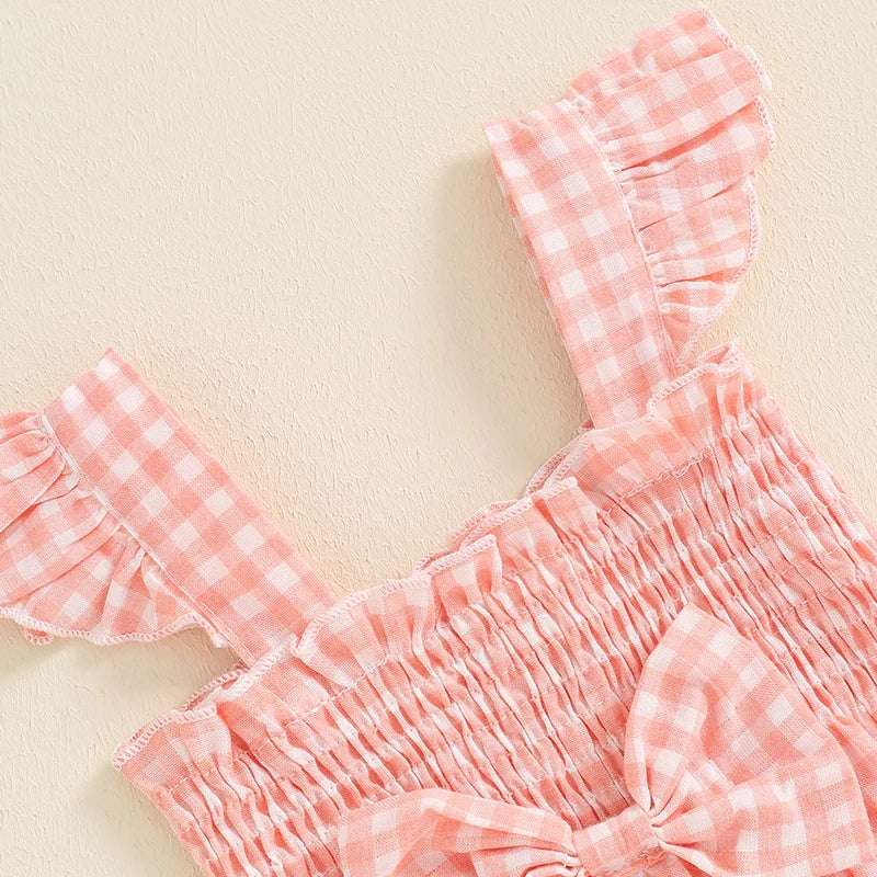 0-18M Baby Girls Summer Romper Outfits Fly Sleeve Plaid Print Ruffles Bowknot Jumpsuits with Headband