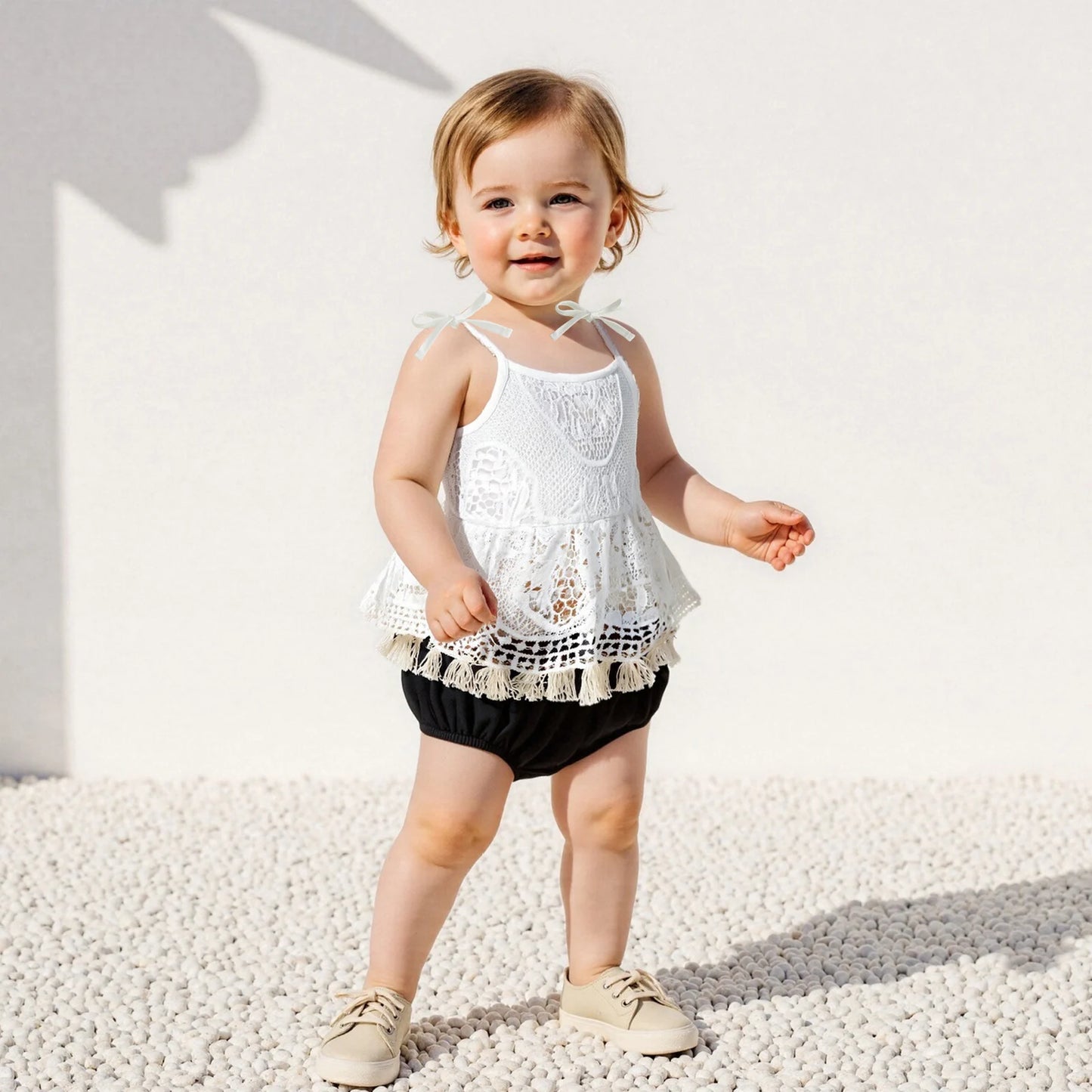 Baby Girls Summer Outfit Set - Floral Lace Tie Strap Camisole & Tassel Shorts (0-18M)