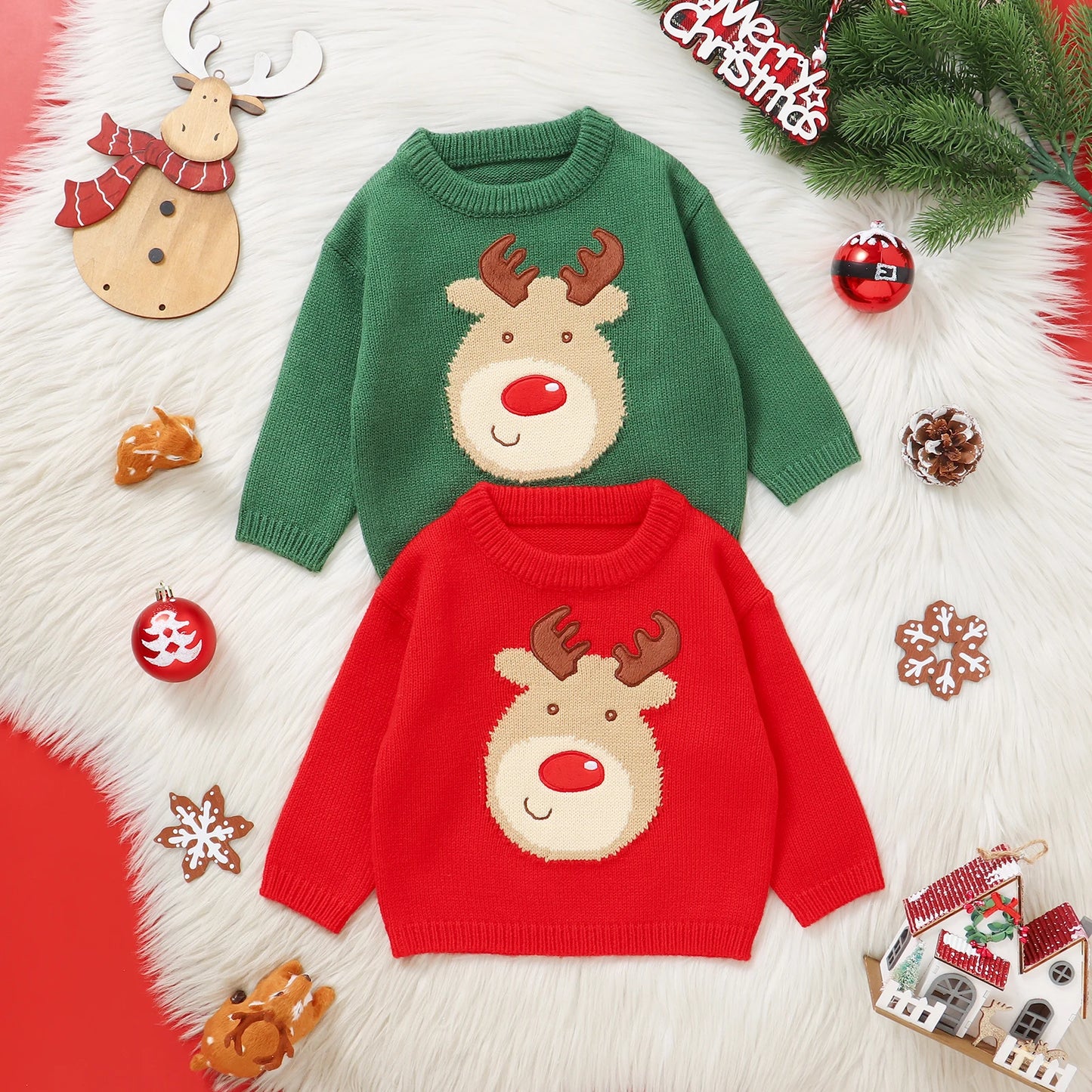 Christmas Baby Sweater - Santa & Reindeer Design (0-3Y)
