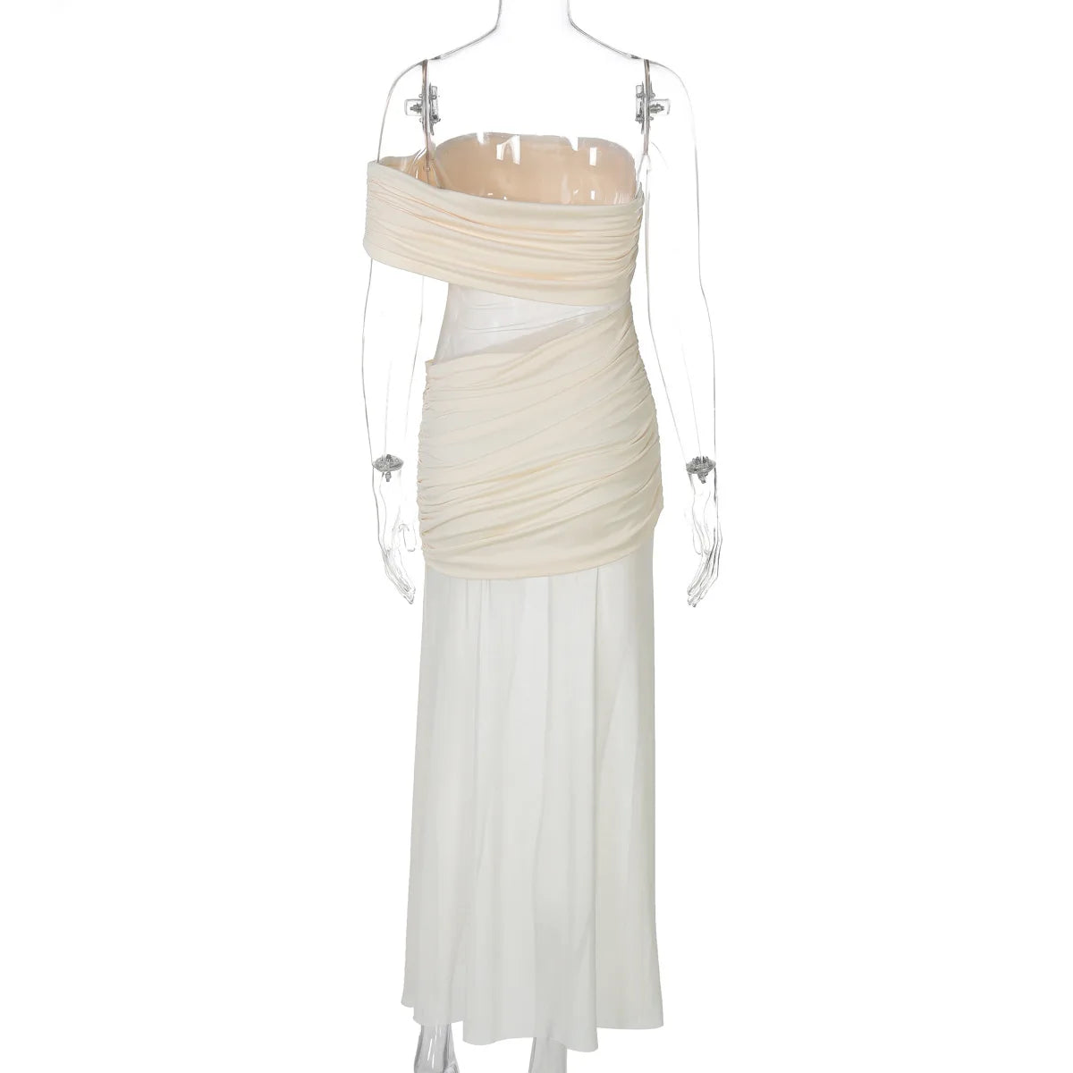 Women's Off Shoulder Ruched Mesh Maxi Dress - Backless Summer Club Dress
