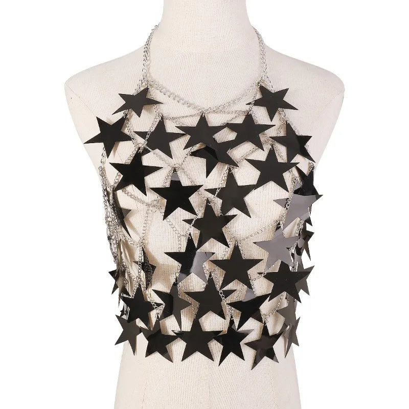 Women's Metal Stars Sequins Bikini Tank Top Women See Through Cover Up