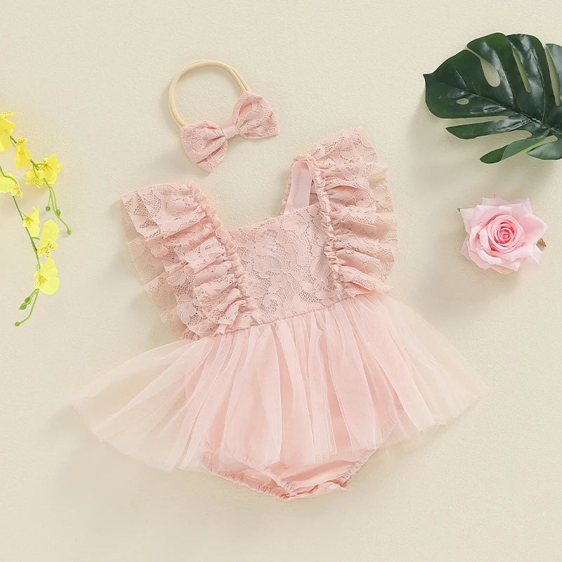 Baby Girls Summer Romper Dress with Lace & Ruffles - Floral Jumpsuit & Headband (0-18M)