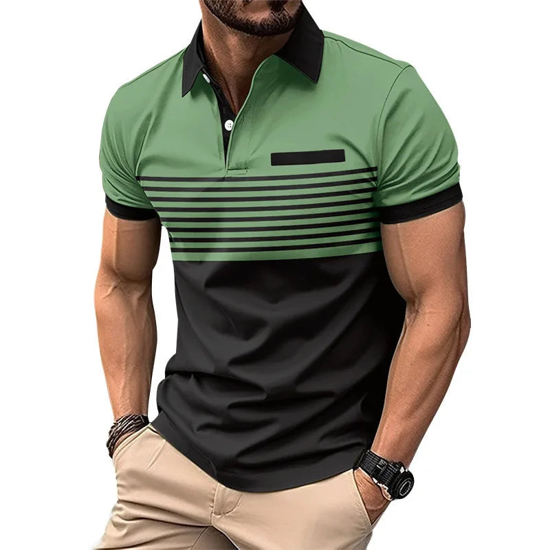 Men's Summer Polo Patchwork Short Sleeve Smart Casual Striped Turn Down Collar Shirt
