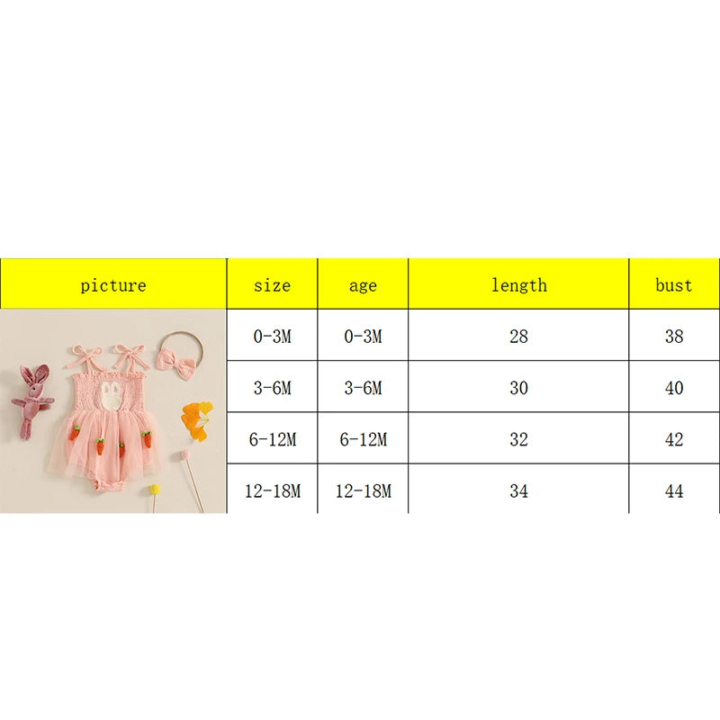 Baby Girls Easter Romper Dress with Headband - Rabbit Carrot Embroidery Tulle Jumpsuit