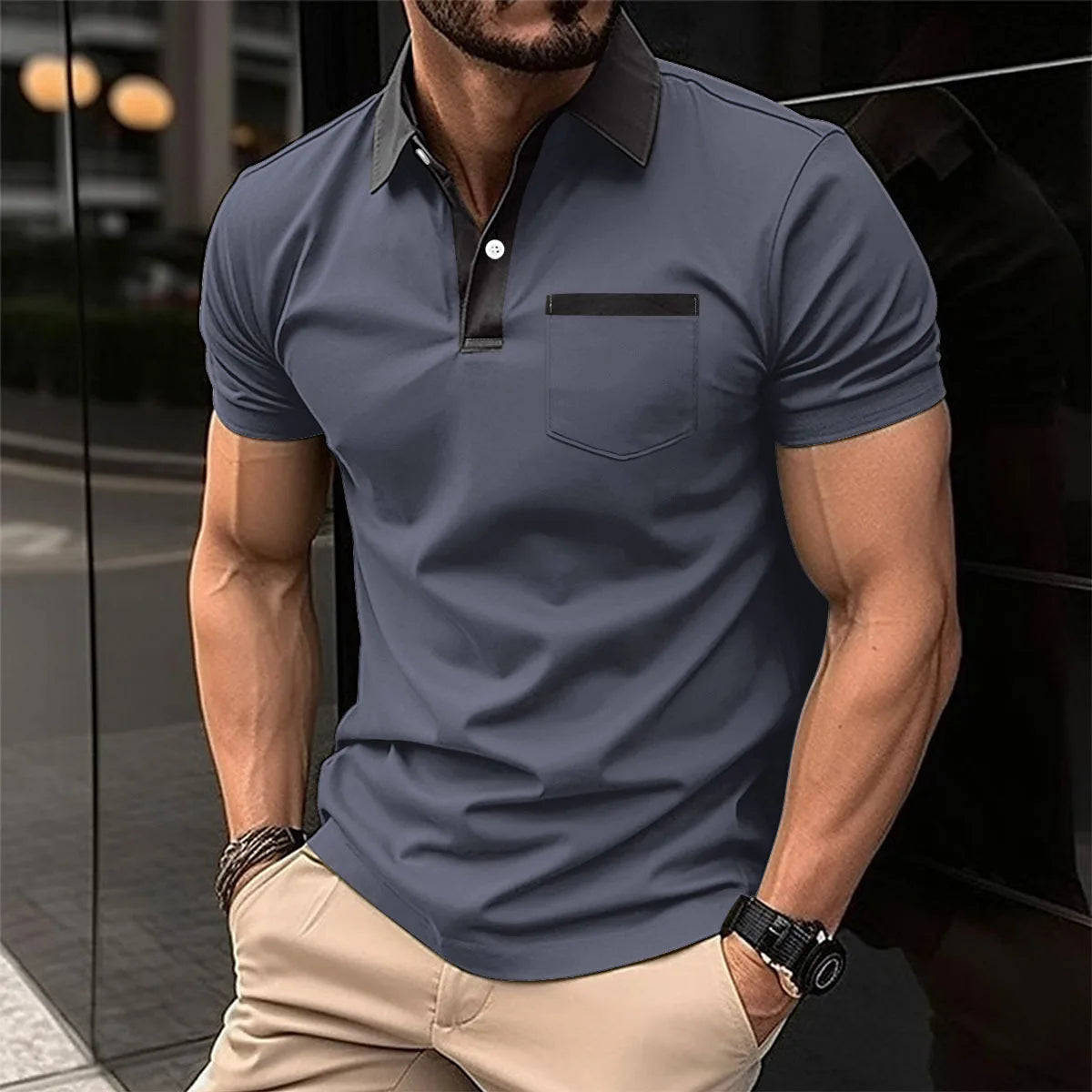 Men's Cotton Blends Polo Turn Down Collar Short Sleeve Smart Casual Patchwork Shirt