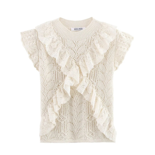 Women's Sweet Layered Jacquard Mesh Knitted Sweater Top - Short Sleeve