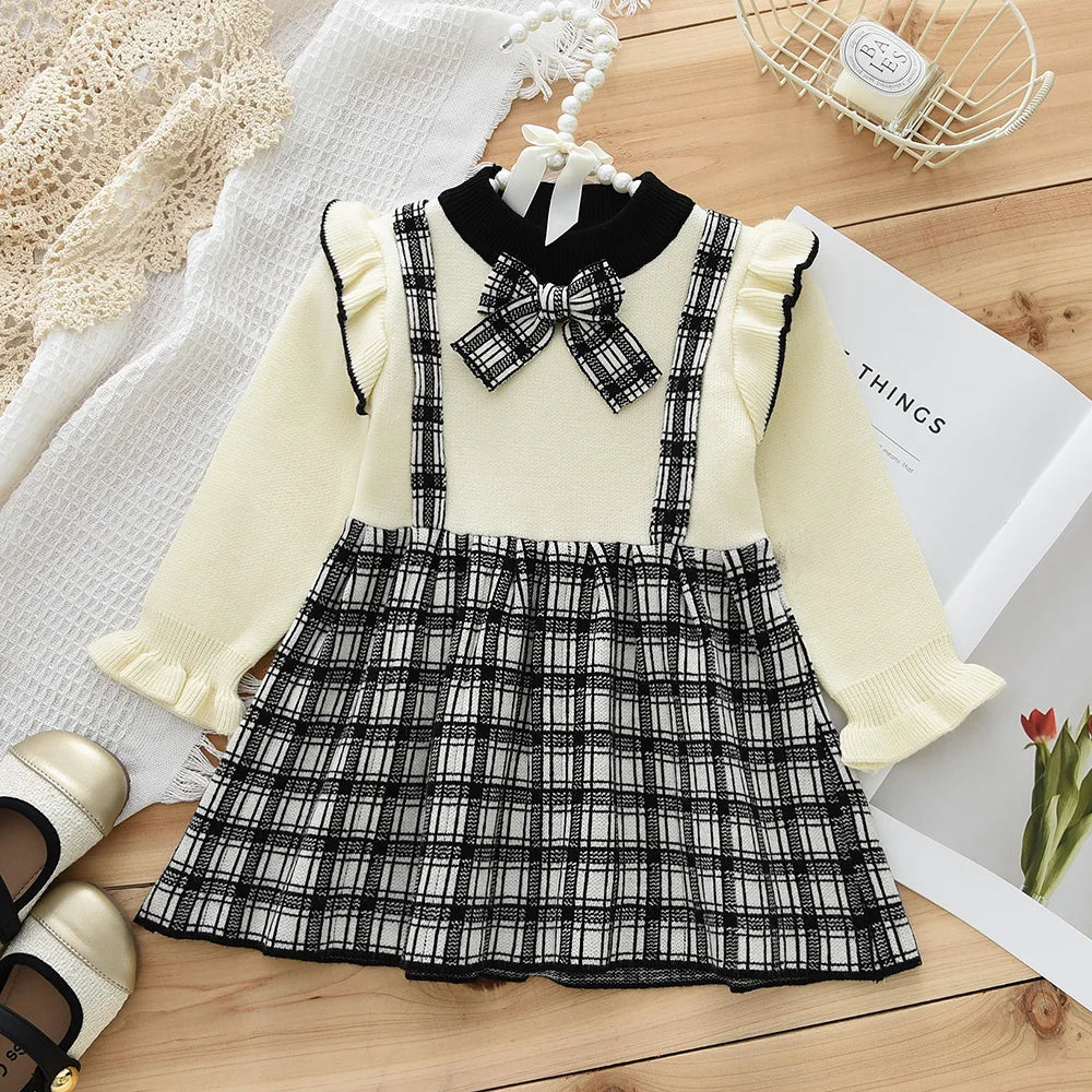 Girl's Long Sleeved Round Neck  with Checkered Bow Patchwork Dress