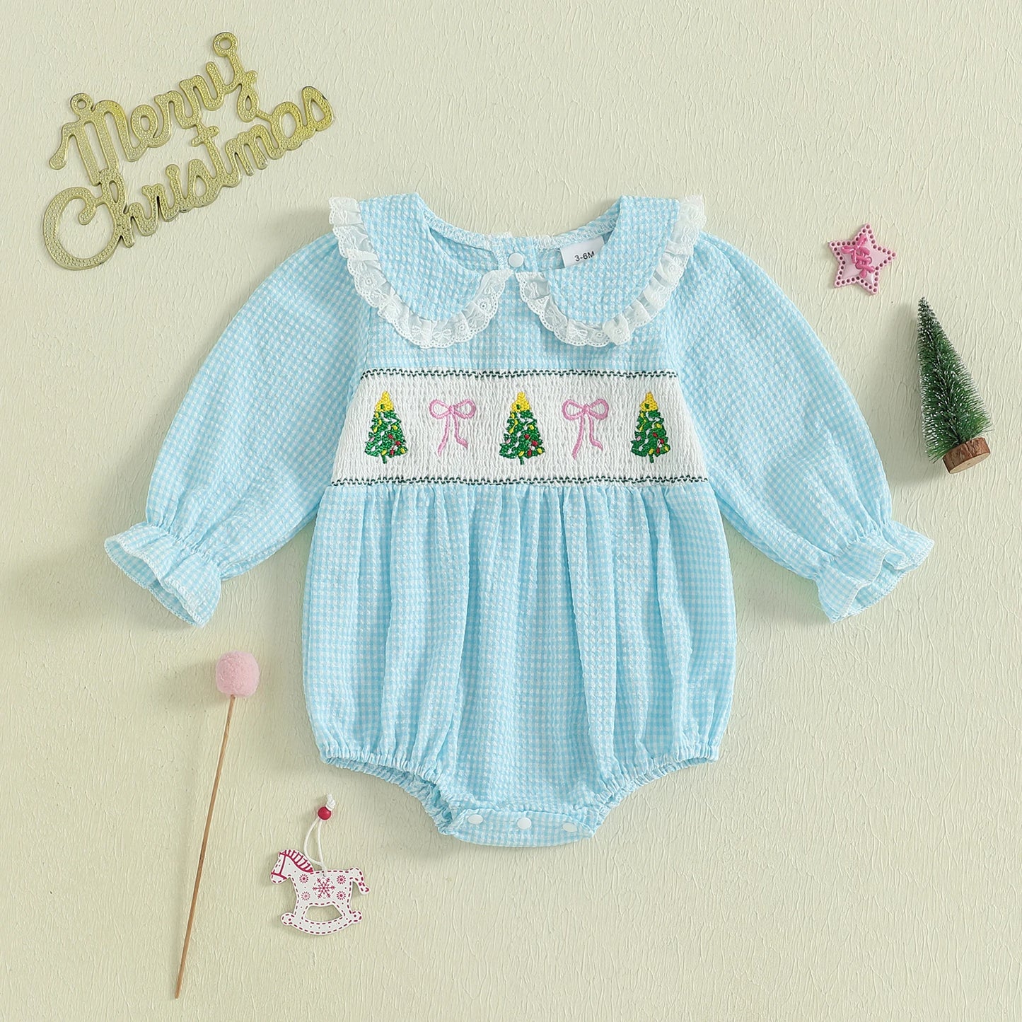 Baby Plaid Print Romper - Long Sleeve Bow Embroidery Doll Collar Jumpsuit