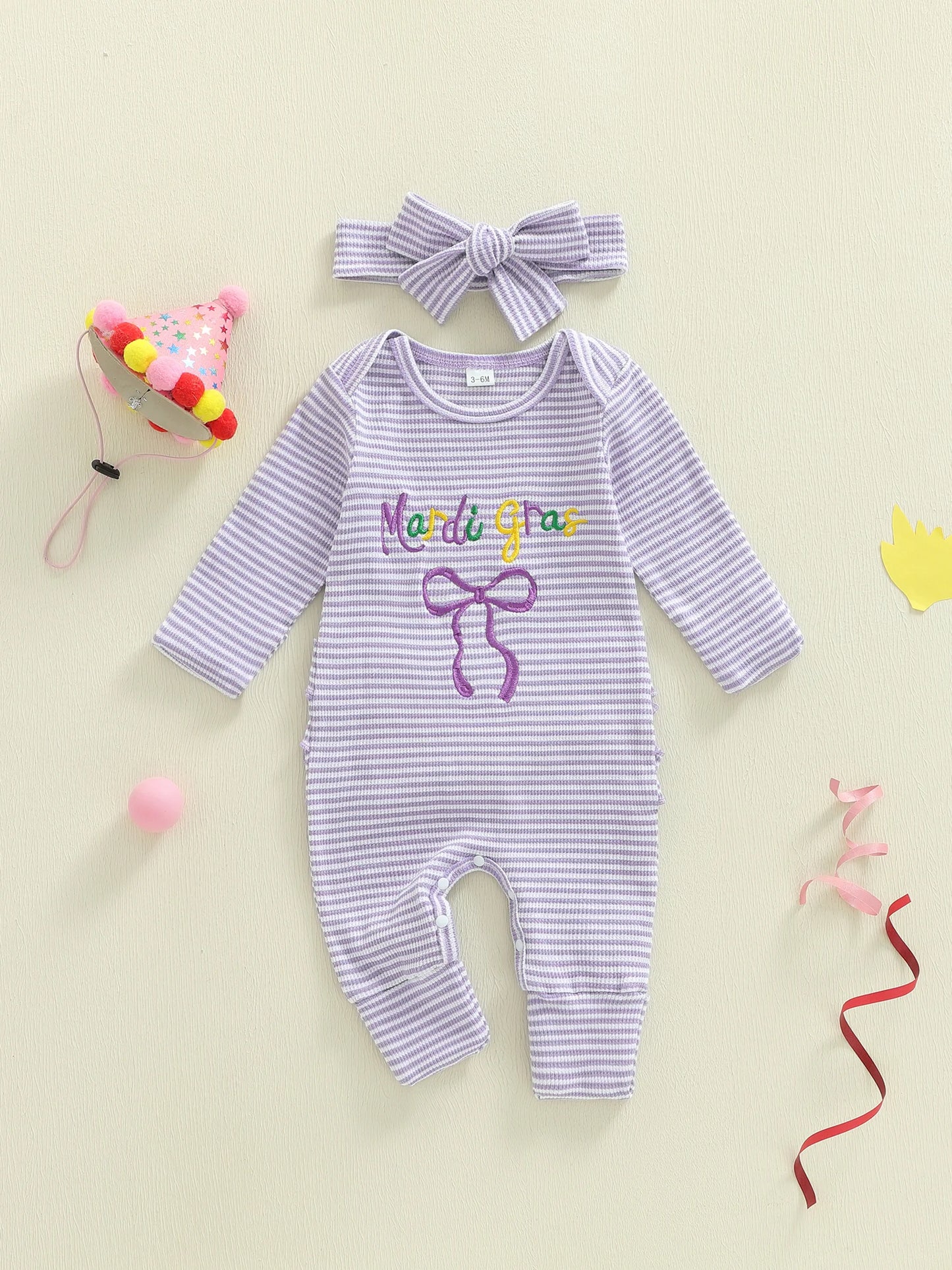 Newborn Baby Romper with Headband - Bow Letter Embroidery Stripe Long Sleeve Jumpsuit
