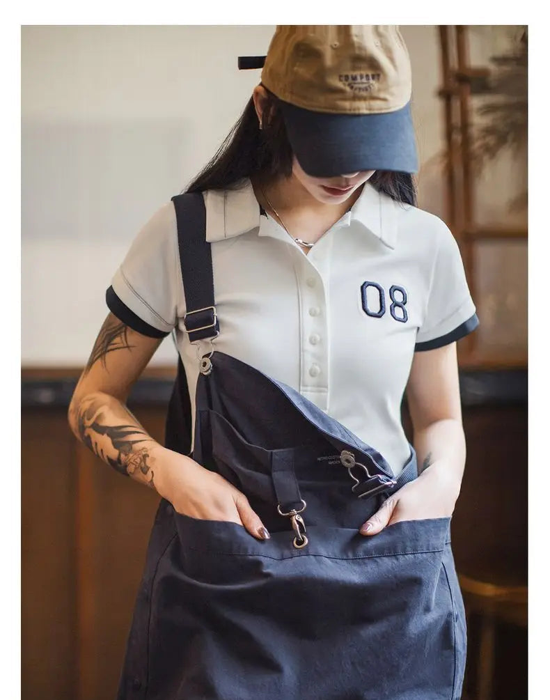 Women's White Embroidered Polo Shirt - Preppy Short Sleeve Tennis Top with Color-Block Design