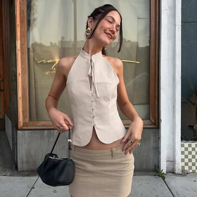 Women's Vintage Button Vest Crop Top - Y2K Tie Front Backless Sleeveless Top