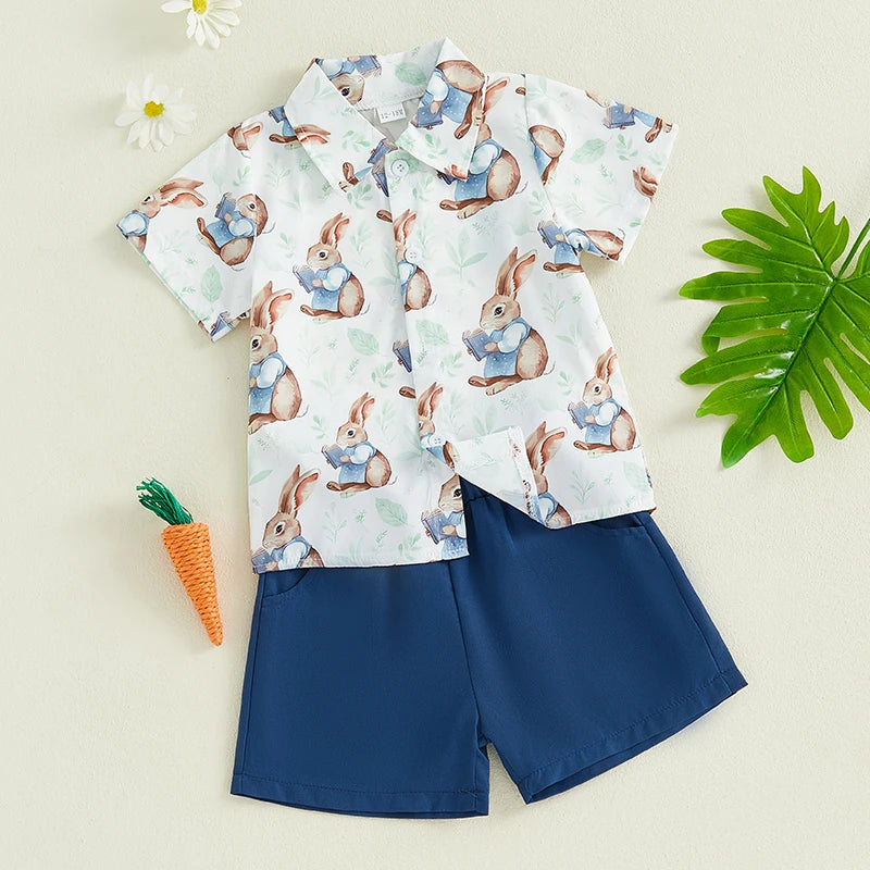 0-5Y Toddler Kids Boy's Easter Clothes Sets Rabbit/Carrot Print Short Sleeves T-Shirt and Elastic Shorts