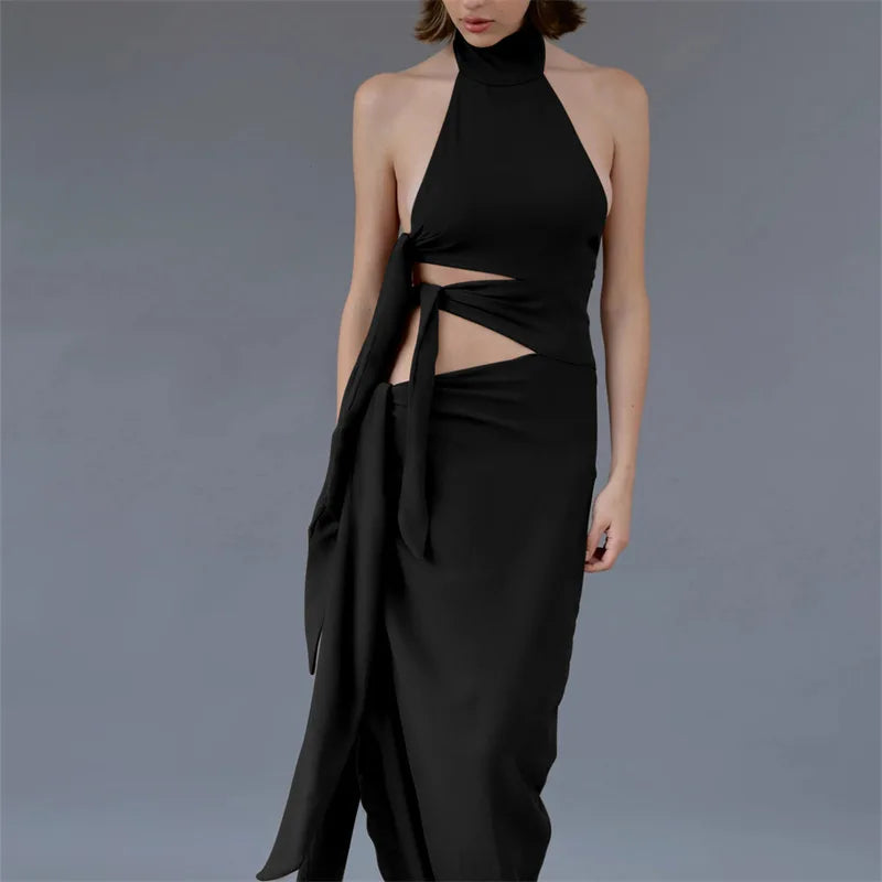 Sleeveless Split Maxi Dress - Halter Bandage Evening Gown