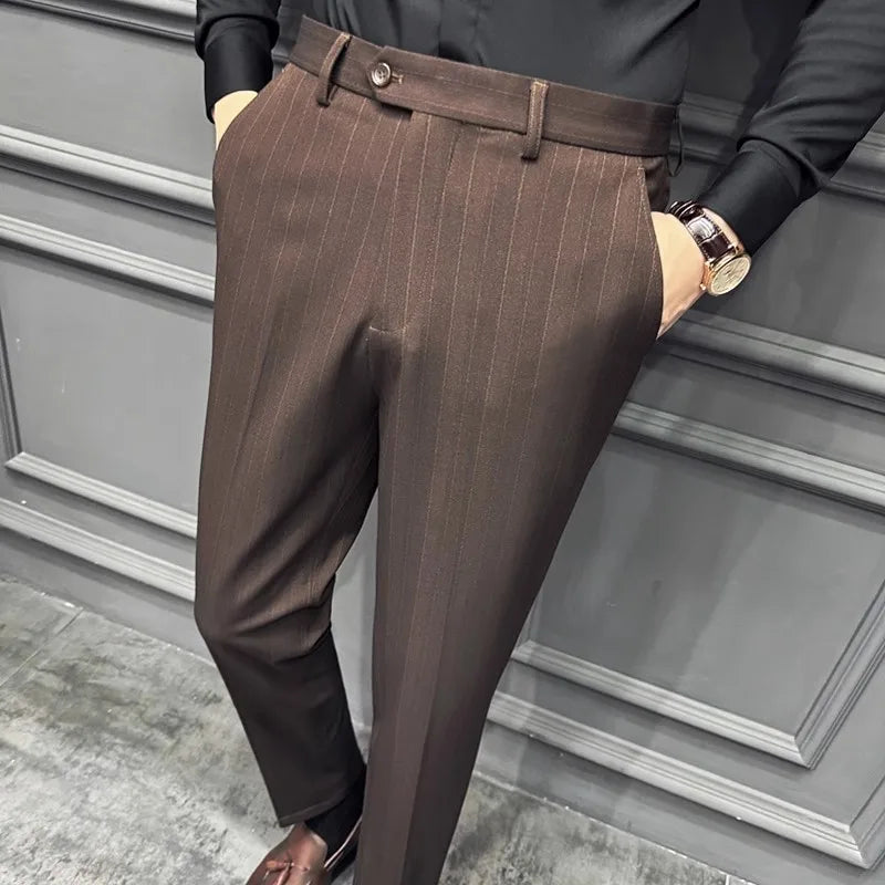 Men's Striped Suit Pants - Smart Casual Straight Trousers for Office & Wedding