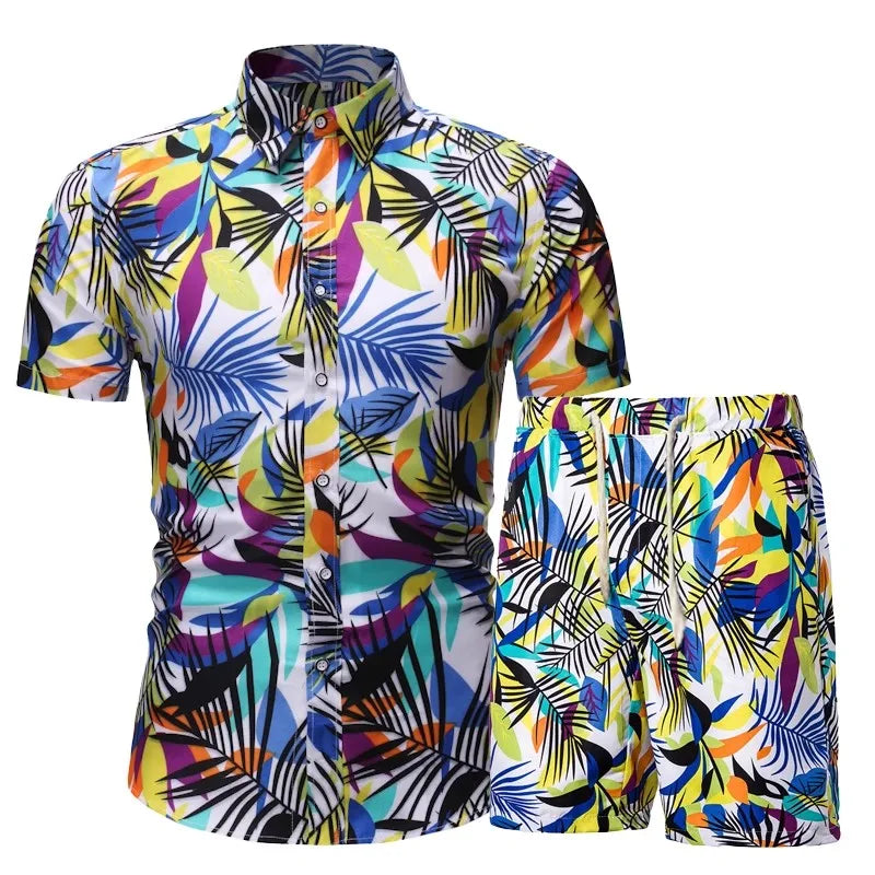 Men's Summer  Casual Set Print Hawaiian Short Sleeve Set Beach Wear Shirt and Shorts Set