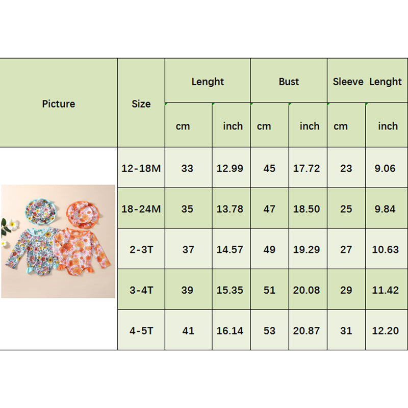 1-5Y Kids Girls Swimsuit 2pcs Floral Print Tie-Up Hollow-Out Long Sleeve Swimsuit with Swim Cap