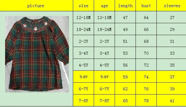 Christmas Santa Embroidery Plaid A-Line Dress - Girls Long Sleeve Festive Dress