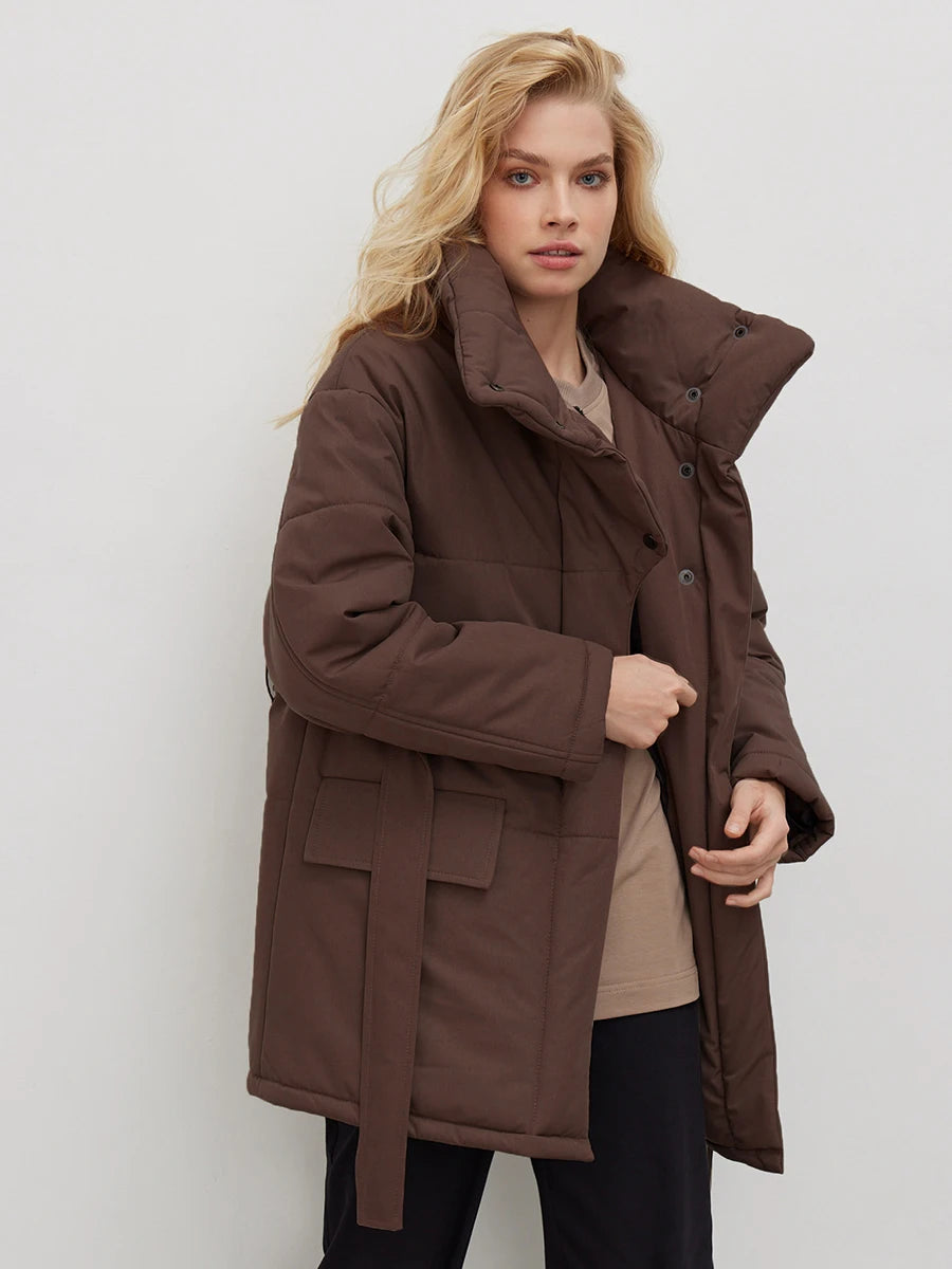 Women's Quilted Loose Parkas Coat Vintage Belted Puffer Jacket