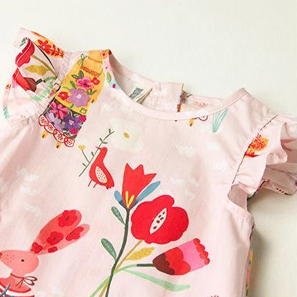 Girls'  Round Neck Flying Sleeve Flower Print Dress