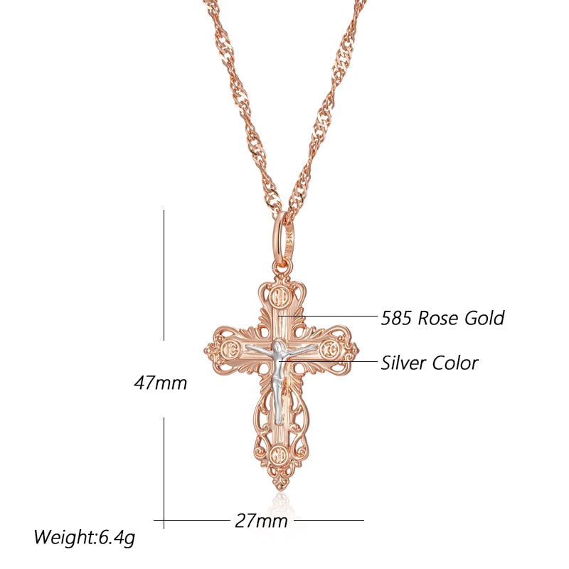 Unisex 585 Rose Gold Silver Orthodox Church Cross Pendant Necklace