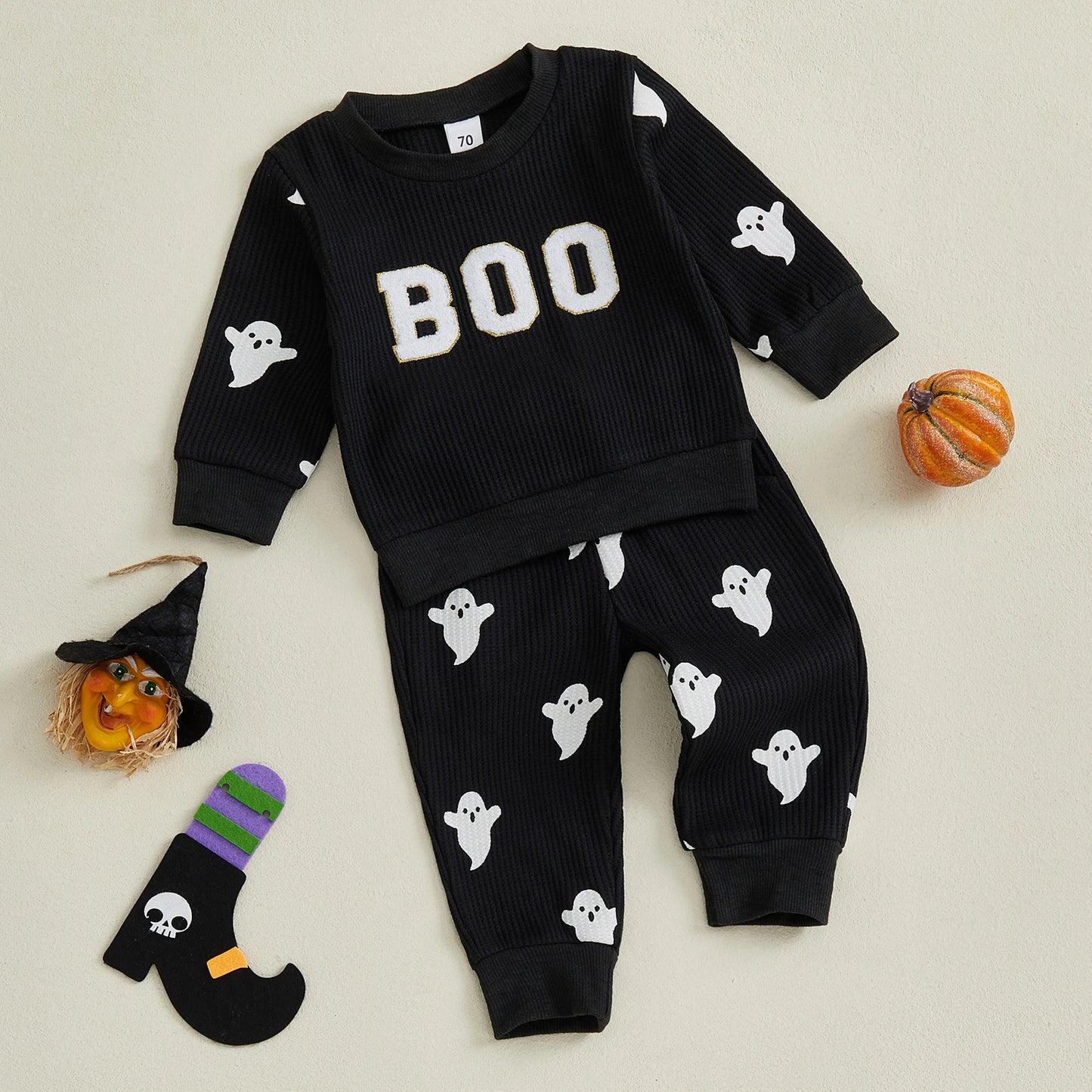 Toddler Boy's Halloween Outfit Set - Ghost Print Sweatshirt & Elastic Pants