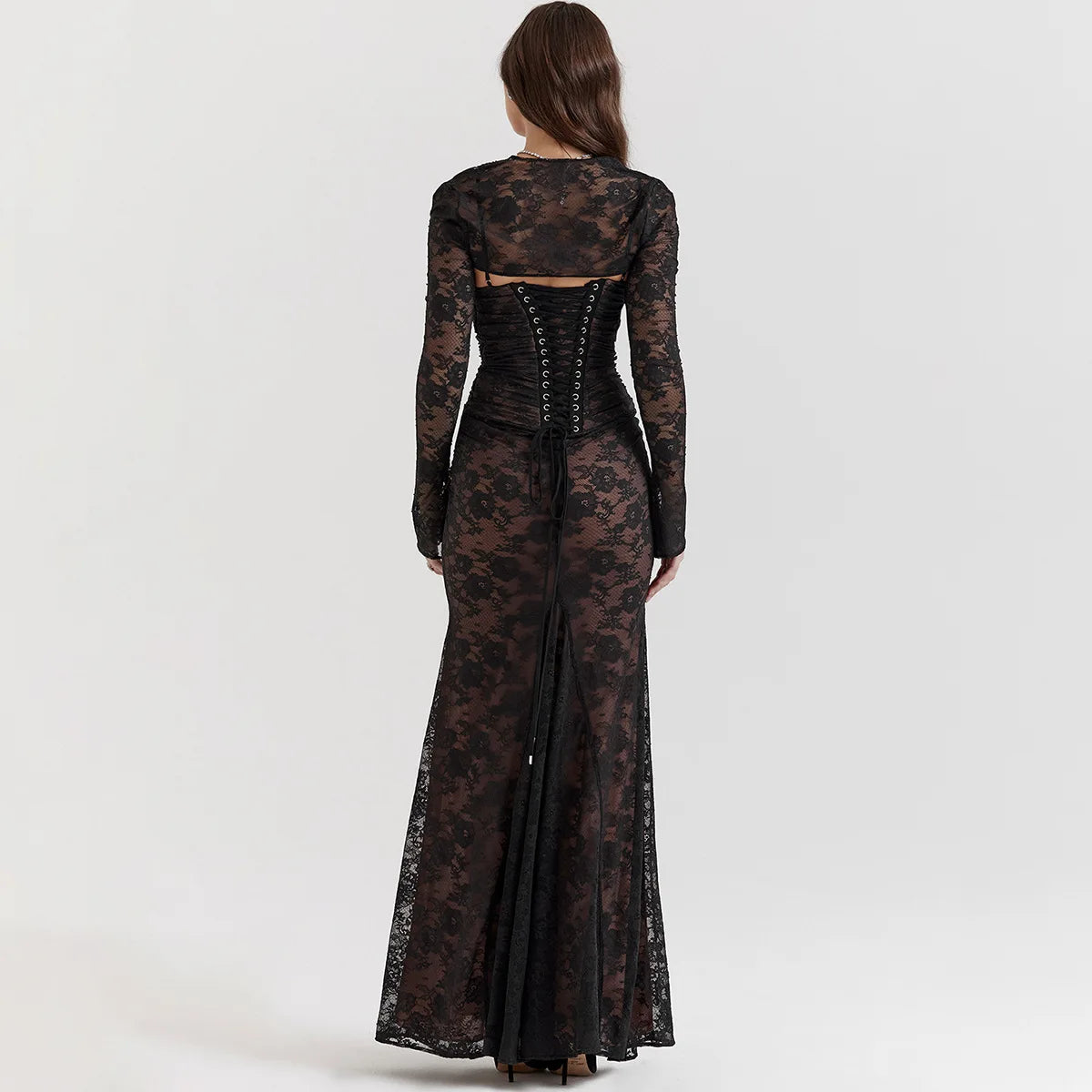 Women's Elegant Vintage Hollow Out Lace Maxi Dress - Long Sleeve Cape 2 Piece Set Outfits Gown Slip Dress Bandage