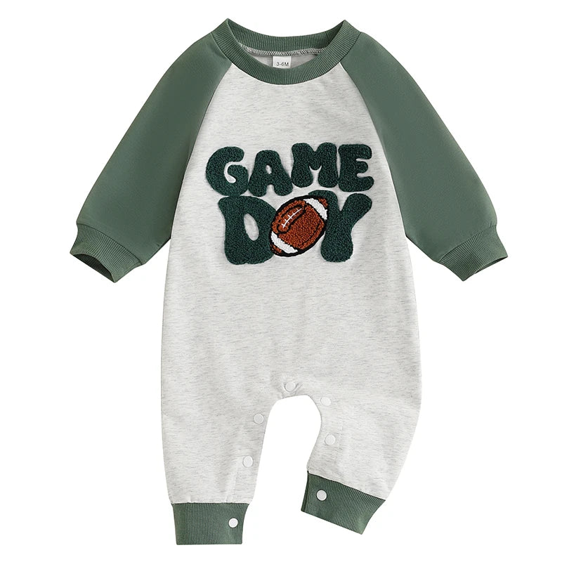 0-18M  Baby Boys Rompers Patchwork Long Sleeve Letter Rugby Embroidery Jumpsuit